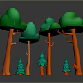 3D Rendered Tall Trees With Orange Trunks Green Canopies And Small Green Pine Trees