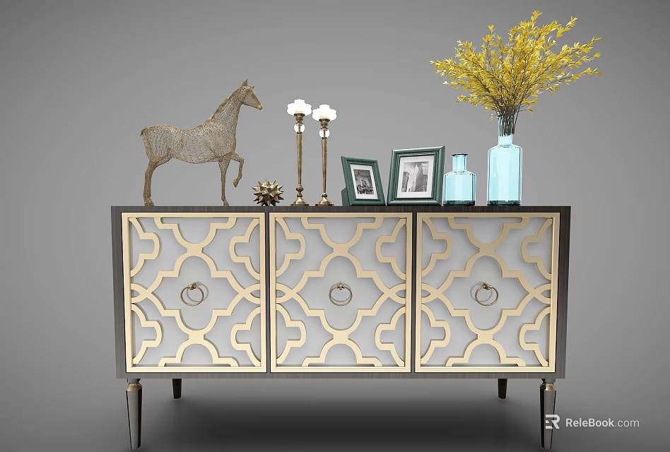 Elegant Decorative Cabinet With Geometric Pattern Horse Figurine Candle Holders Photo Frames And Blue Vase 3d model 