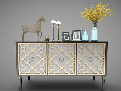Elegant Decorative Cabinet With Geometric Pattern Horse Figurine Candle Holders Photo Frames And Blue Vase 3d model