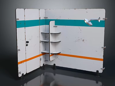 Foldable Room Divider With White Surface Teal And Orange Stripes Open Shelves 3d model