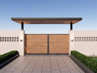 Wooden Double Gate With Overhead Canopy White Walls Square Lattice Stone Path And Green Shrubs 3d model