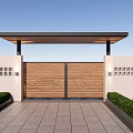Wooden Double Gate With Overhead Canopy White Walls Square Lattice Stone Path And Green Shrubs
