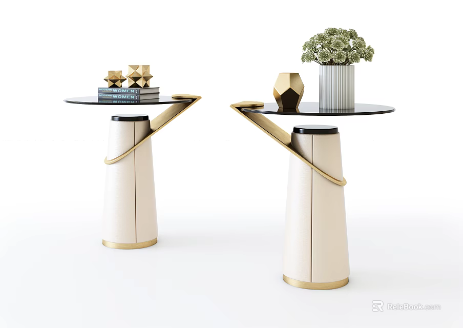 Modern Round Side Table With Glass Top And Gold Metal Frame Decorated With Flower Vase 3d model 