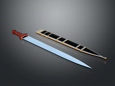 Vintage Long Sword With Red Handle And Black Gold Decorated Scabbard 3d model