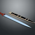 Vintage Long Sword With Red Handle And Black Gold Decorated Scabbard