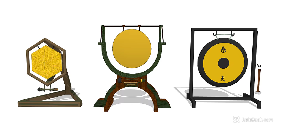 Traditional Chinese Musical Gongs With Decorative Wooden Stands And Cultural Patterns 3d model 