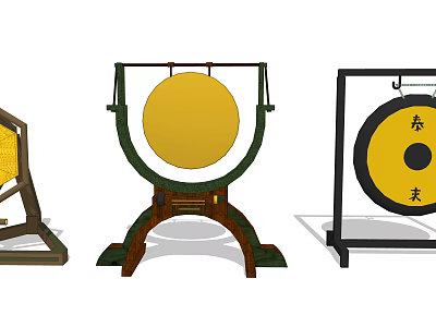 Traditional Chinese Musical Gongs With Decorative Wooden Stands And Cultural Patterns 3d model