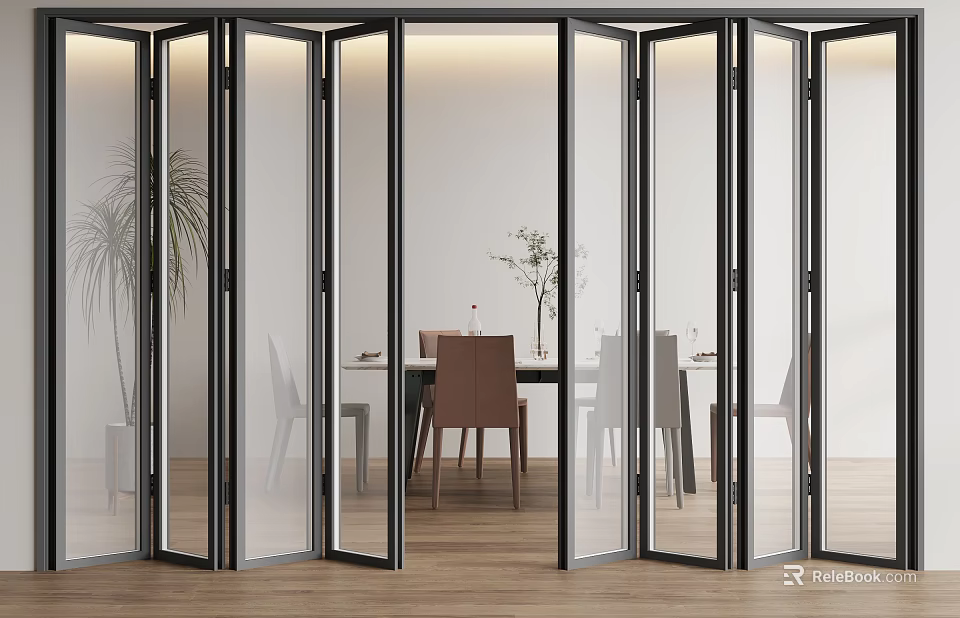 Folding Glass Doors in Modern Dining Room with Transparent Panels 3d model 