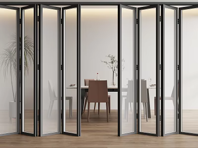 Folding Glass Doors in Modern Dining Room with Transparent Panels 3d model