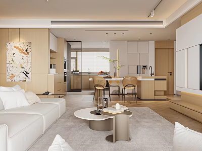 Modern Living And Dining Room Interior With White Sofa Round Coffee Table And Open Layout 3d model