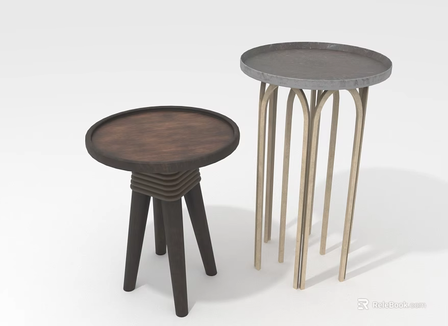 Stylish Round Side Tables With Dark Wooden And Gray Tops Black And Golden Metal Legs 3d model 