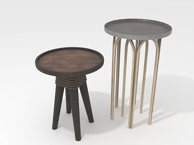 Stylish Round Side Tables With Dark Wooden And Gray Tops Black And Golden Metal Legs 3d model