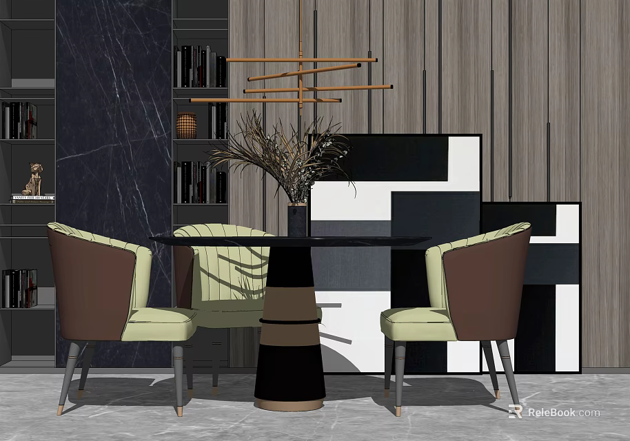 Modern Black Round Dining Table Set With Brown Light Green Chairs Geometric Backdrop Pendant Light 3d model