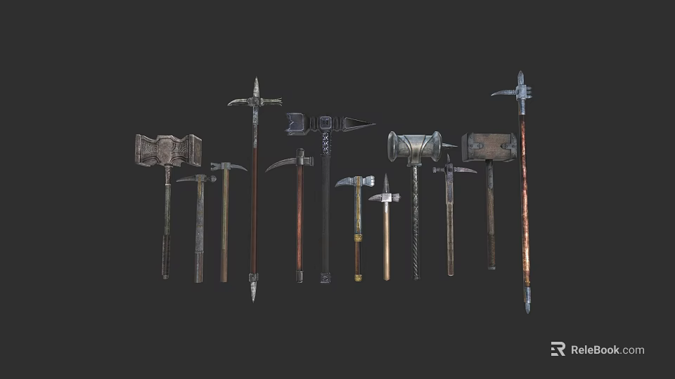 Various Medieval Long Handled Weapons With Metal Heads And Wooden Shafts 3d model 