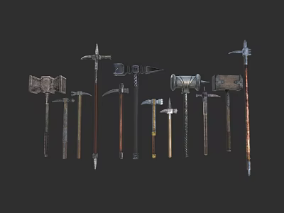 Various Medieval Long Handled Weapons With Metal Heads And Wooden Shafts 3d model