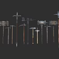 Various Medieval Long Handled Weapons With Metal Heads And Wooden Shafts