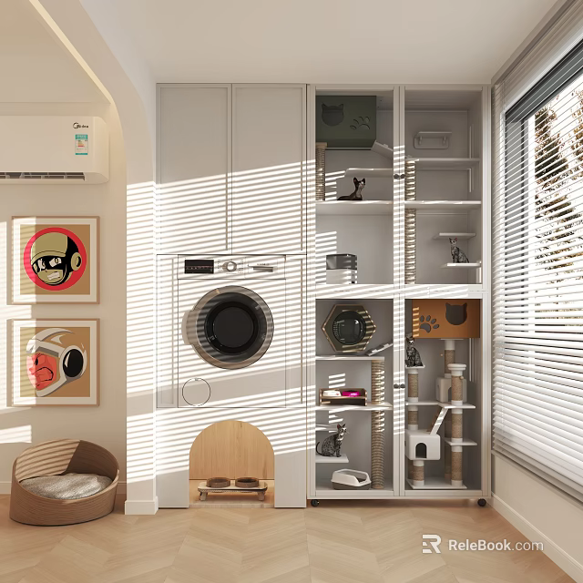 Cat Tree in Laundry Room with Washing Machine Storage Shelves Window Blinds and Decorative Paintings 3d model 