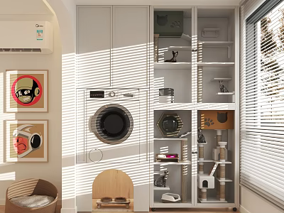 Cat Tree in Laundry Room with Washing Machine Storage Shelves Window Blinds and Decorative Paintings 3d model