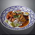 Blue White Patterned Plate With Rice Fried Egg Meat Slices Cucumber And Red Sauce