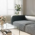 Black Leather Sofa With Checkered Cushions Glass Coffee Table Set Rattan Lamp Natural Light Blinds