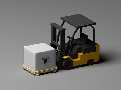 Industrial Equipment Yellow Forklift Carrying White Cube On Pallet With Black Logo 3d model