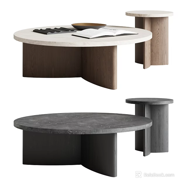 Modern Minimalist Round Coffee Table With Marble Wooden Concrete Tops And Sturdy Bases 3d model 