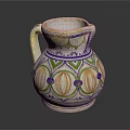 Colorful Earthenware Jug With White Base Green Purple Yellow Decorative Patterns On Black Background