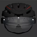 Black Cycling Helmet With Red Orange Accents And Reflective Visor Design