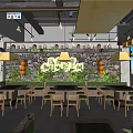 Rustic Mountain Hotpot Restaurant Interior With Stone Walls Green Plants Wooden Tables Pendant Lights
