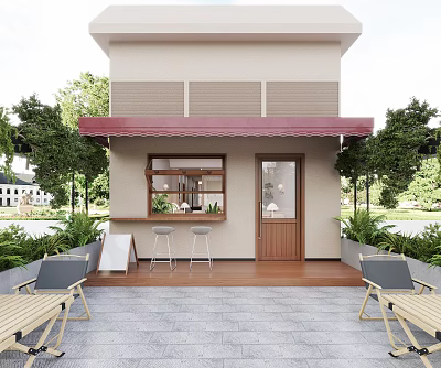 Charming Dessert Shop Exterior With Red Awning Greenery And Seating 3d model