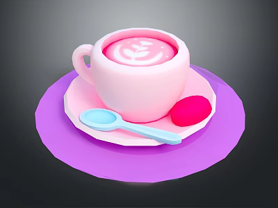 Pink Beverage With Latte Art In Cup On Pink Saucer Blue Spoon And Pink Dessert 3d model