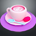 Pink Beverage With Latte Art In Cup On Pink Saucer Blue Spoon And Pink Dessert