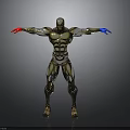Metallic Armored Robot With Red Blue Gloves And Outstretched Arms