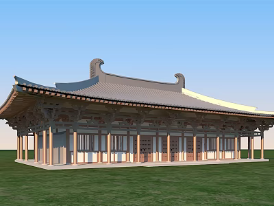 Traditional Chinese Ancient Architecture With Curved Eaves Roof And Wooden Structure On Green Grassland 3d model