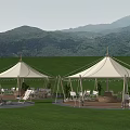 Idyllic Campsite With White Tents Lush Trees Grassland Bonfire And String Lights