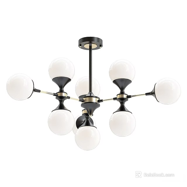 Elegant Modern Chandelier Featuring Multiple White Spherical Shades And Black Metal Frame 3d model 