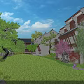 Modern Chinese Style Townhouse with Lush Green Lawn and Trees in Scenic Courtyard