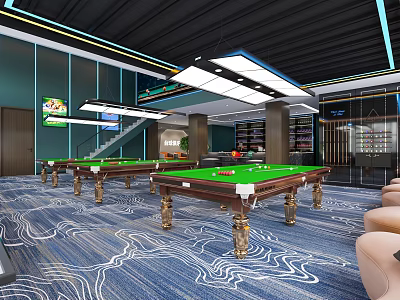 Modern Billiard Room Interior With Green Felt Tables Ceiling Lights And Carpet 3d model