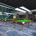 Modern Billiard Room Interior With Green Felt Tables Ceiling Lights And Carpet