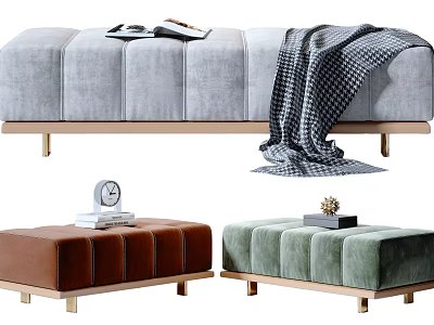 Velvet Upholstered Ottomans In Gray Brown Green With Throw Blanket Books And Brass Legs 3d model