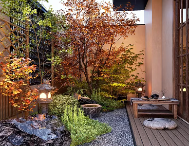 Zen patio courtyard landscape sketch stone plant flower mirror 3d model