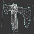 Decorative Battle Axe Featuring Engraved Metal Head Golden Circular Accent and Wooden Handle Design
