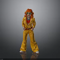 Woman in Orange Flared Pantsuit with Red Curly Hair Posing on Gray Background