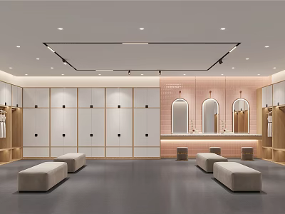 Modern Locker Room Interior With White Lockers Mirrors And Wooden Benches 3d model