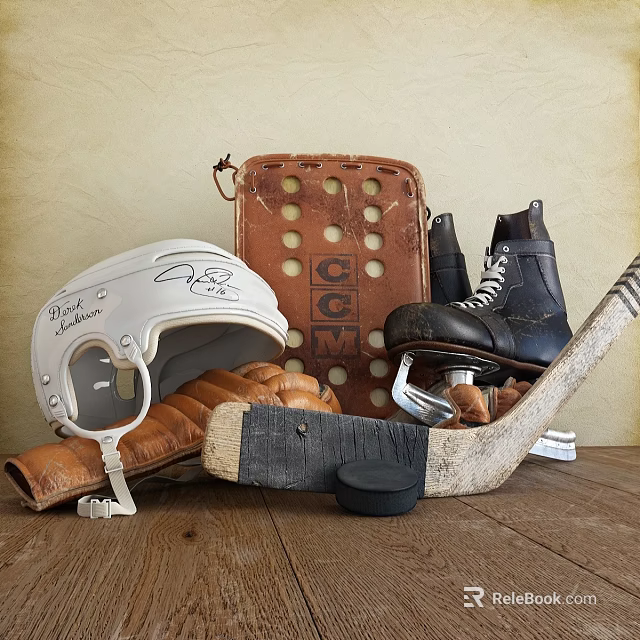 Classic Ice Hockey Sports Equipment With White Helmet Leather Gloves CCM Pad Black Skates And Stick 3d model 