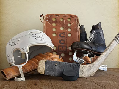 Classic Ice Hockey Sports Equipment With White Helmet Leather Gloves CCM Pad Black Skates And Stick 3d model