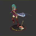 3D Anime Character Model With Purple Hair Black Outfit And Blue Glowing Weapon On Base