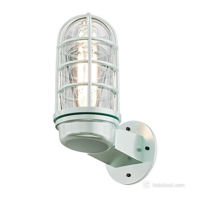 Industrial Style White Wall Light With Metal Cage And Clear Glass Shade 3d model 