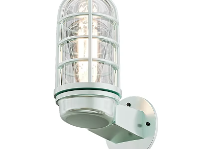 Industrial Style White Wall Light With Metal Cage And Clear Glass Shade 3d model
