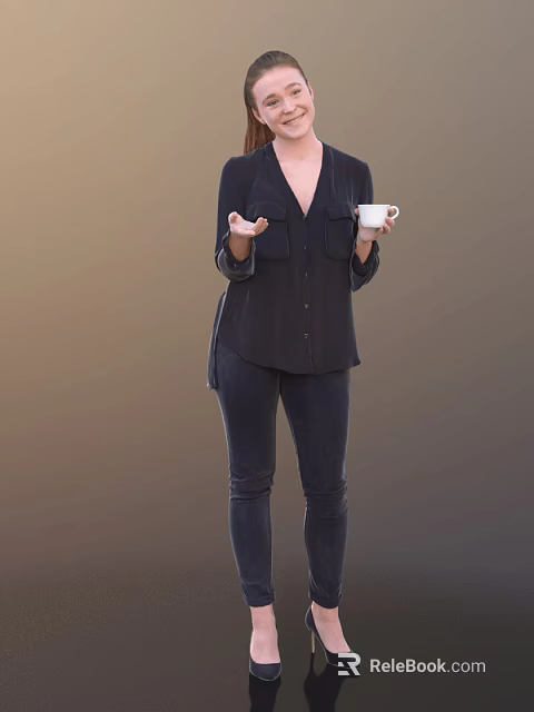 A Woman Wearing Dark Shirt And Dark Pants Holding White Cup And Gesturing With Hand 3d model 